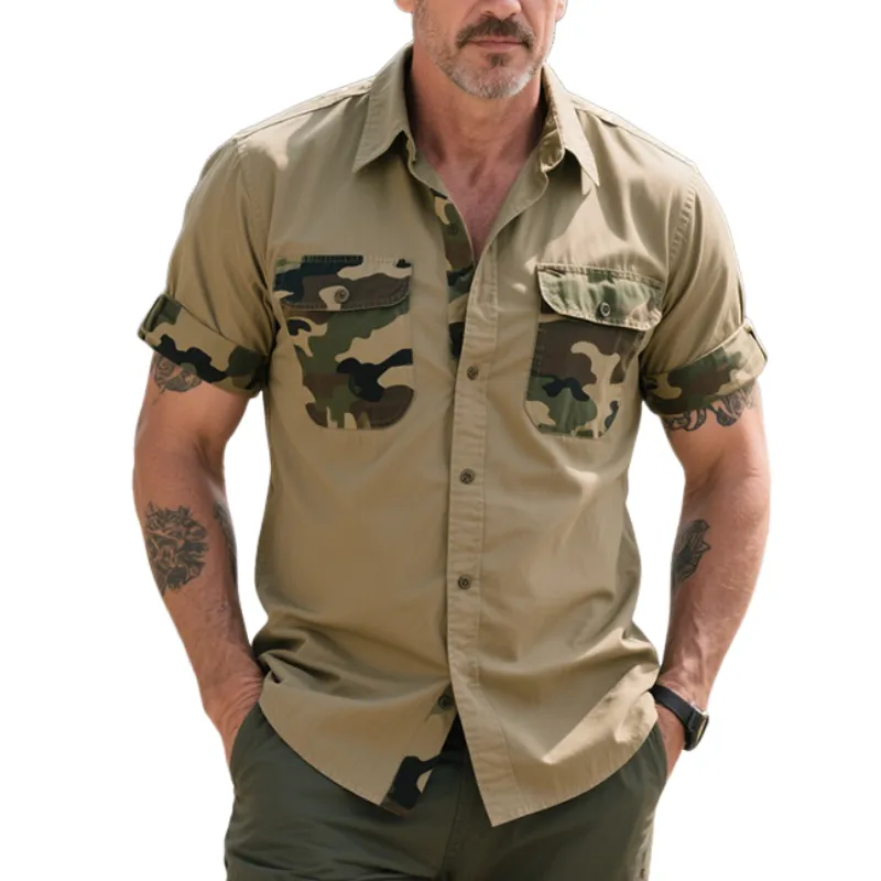 Men's Retro Casual Outdoor Camouflage Stitching Cotton Lapel Short Sleeve Shirt MTA1477E5TO sold by Manly
