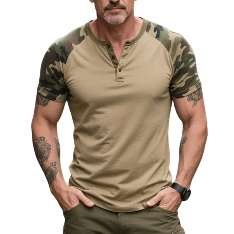 Men's Retro Casual Outdoor Camouflage Stitching Cotton Henley Collar Short Sleeve T-Shirt MTA1487E2TO sold by Manly