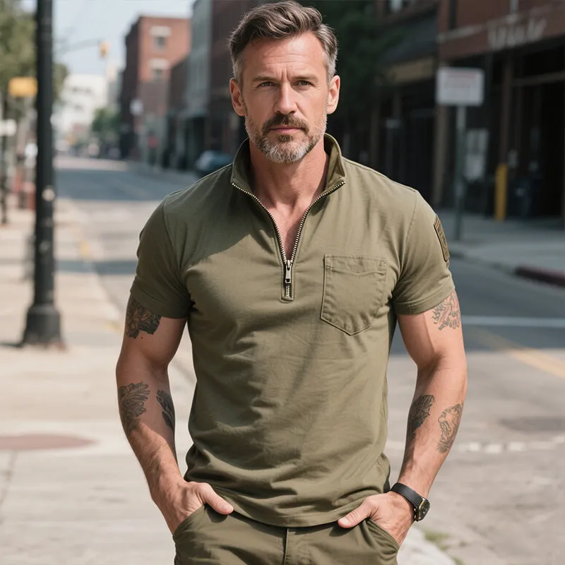 Men's Retro Casual Outdoor Training Cotton Zipper Stand Collar Short Sleeve T-Shirt MTA1446E2TO sold by Manly product image thumbnail 2