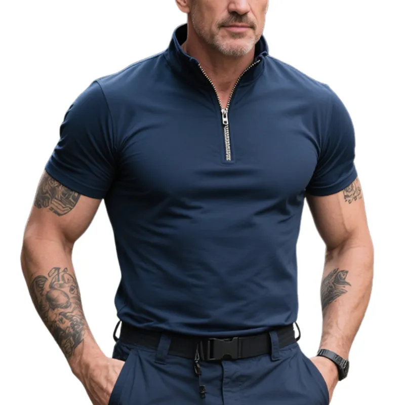 Men's Retro Casual Outdoor Training Cotton Zipper Stand Collar Short Sleeve T-Shirt MTA1492E5TO sold by Manly