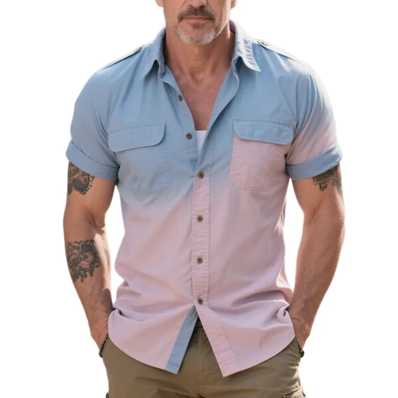Men's Retro Casual Street Gradient Print Pocket Lapel Short Sleeve Shirt MTA1441E8TO sold by Manly