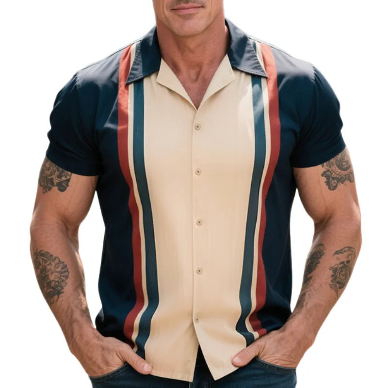 Men's Retro Casual American Style Street Print Lapel Bowling Short Sleeve Shirt MTA1449E6TO sold by Manly