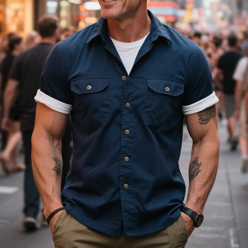 Men's Retro Casual British Style Outdoor Multi-Pocket Cotton Lapel Short Sleeve Shirt MTA1436E8TO sold by Manly product image thumbnail 3