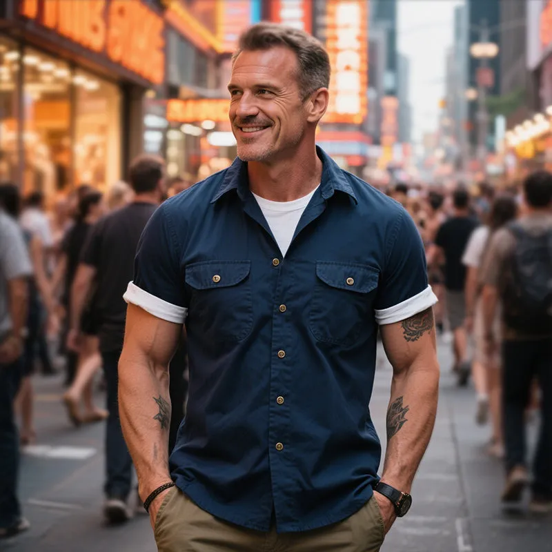 Men's Retro Casual British Style Outdoor Multi-Pocket Cotton Lapel Short Sleeve Shirt MTA1436E8TO sold by Manly product image thumbnail 2