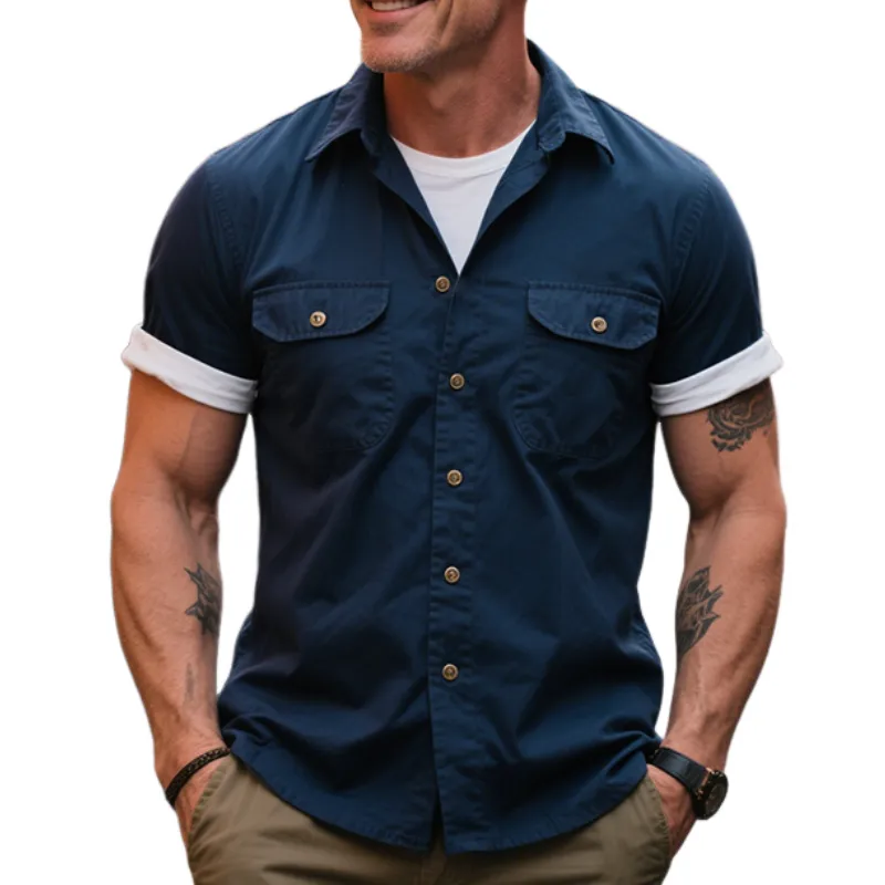 Men's Retro Casual British Style Outdoor Multi-Pocket Cotton Lapel Short Sleeve Shirt MTA1436E8TO sold by Manly
