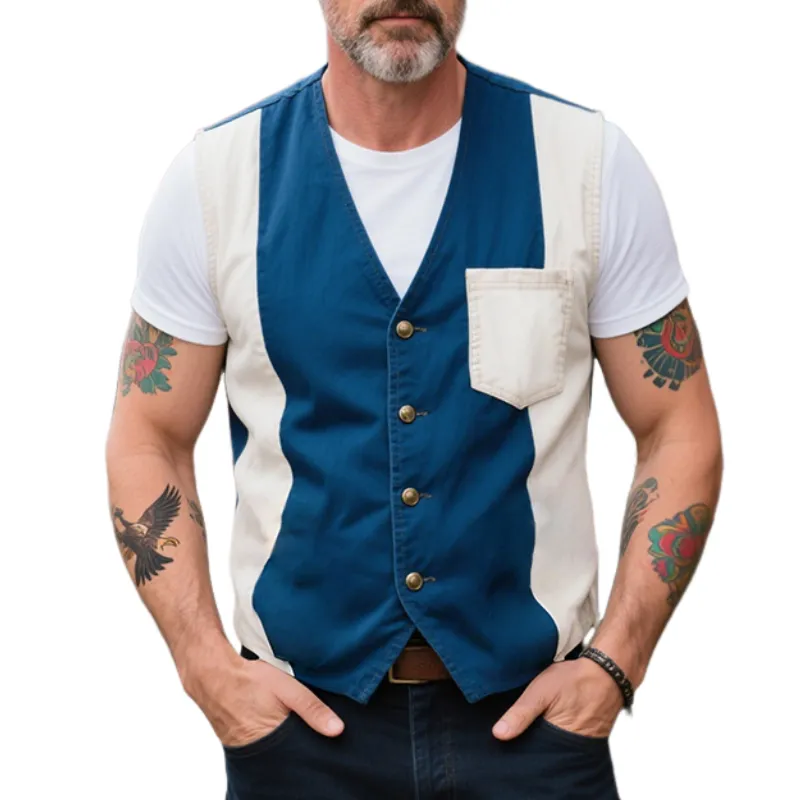 Men's Retro Casual American Style Street Cotton Colorblock Pocket Vest MTA1423E6TO sold by Manly