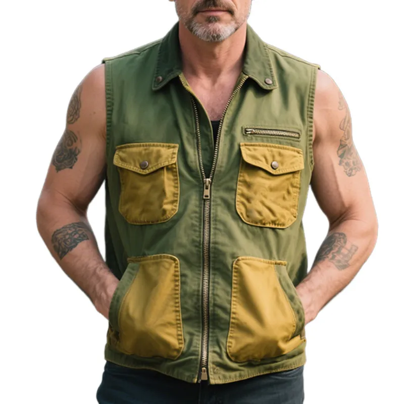 Men's Retro Casual Outdoor Street Cotton Colorblock Washed Multi-Pocket Lapel Zipper Vest MTA1405E5TO sold by Manly