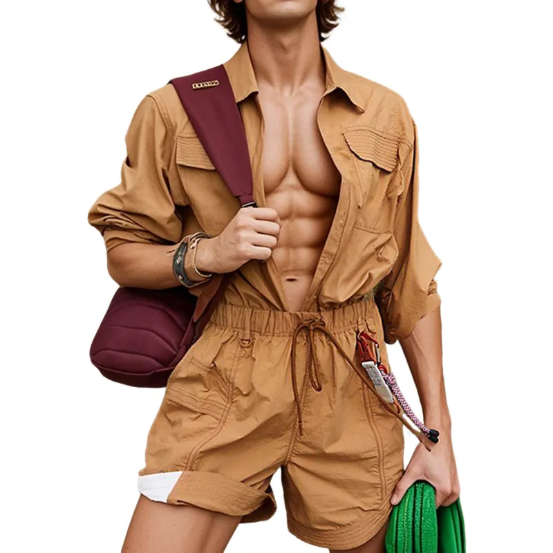 Men's Outdoor Cargo Style Lapel Long Sleeve Zipper Placket Elastic Waist Shorts Jumpsuit MTA1585E5Z sold by Manly