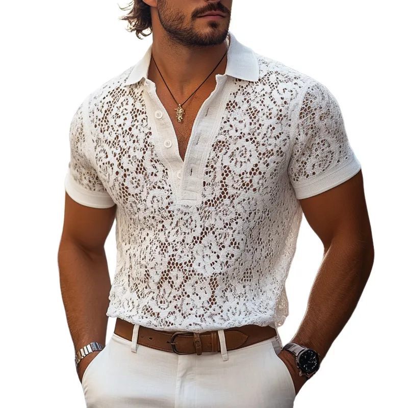 Men's Fashion Lace Lapel Short Sleeve Polo Shirt MTA1552E9Z sold by Manly