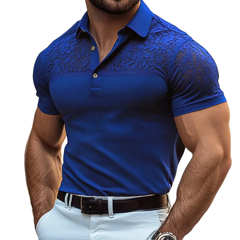 Men's Fashion Lace Stitching Lapel Short Sleeve Polo Shirt MTA1516E8Z sold by Manly
