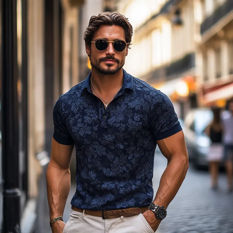 Men's Fashion Floral Print Lapel Short Sleeve Polo Shirt MTA1595E0Z sold by Manly product image thumbnail 3