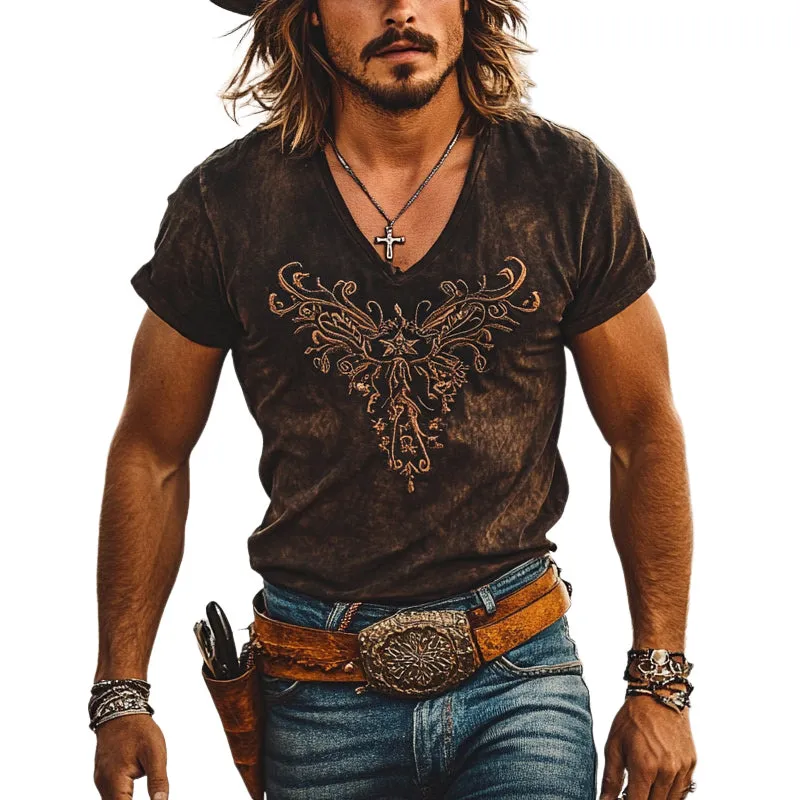 Men's Western Cowboy Retro V-neck Embroidered Short Sleeve T-shirt MTA1389E4X sold by Manly