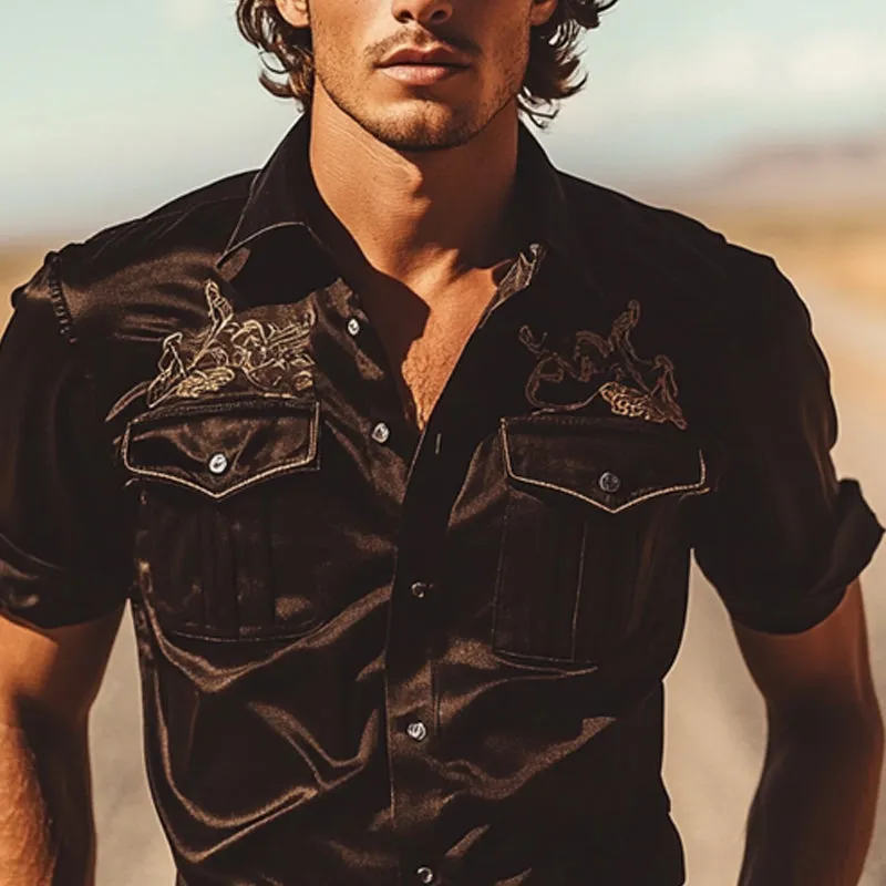 Men's Solid Color Embroidered Short Sleeve Shirt MTA1595E2X sold by Manly product image thumbnail 4