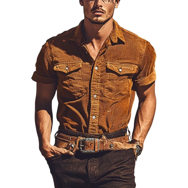 Men's Vintage Solid Color Short Sleeve Corduroy Lapel Shirt MTA1594E6X sold by Manly