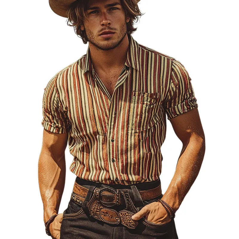 Men's Western Cowboy Striped Print Short Sleeve Shirt MTA1503E0X sold by Manly