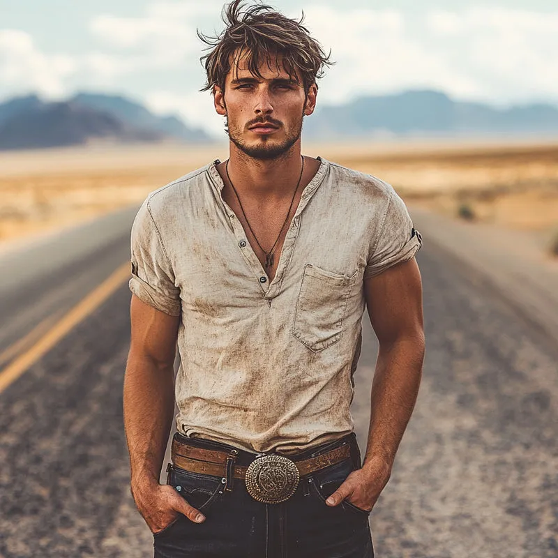 Men's Vintage Print Henley Short Sleeve T-Shirt MTA1527E6X sold by Manly product image thumbnail 2