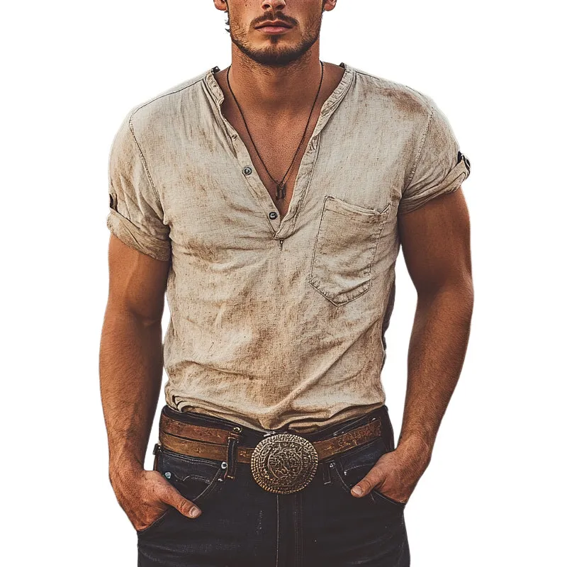 Men's Vintage Print Henley Short Sleeve T-Shirt MTA1527E6X sold by Manly