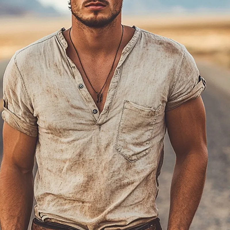 Men's Vintage Print Henley Short Sleeve T-Shirt MTA1527E6X sold by Manly product image thumbnail 3