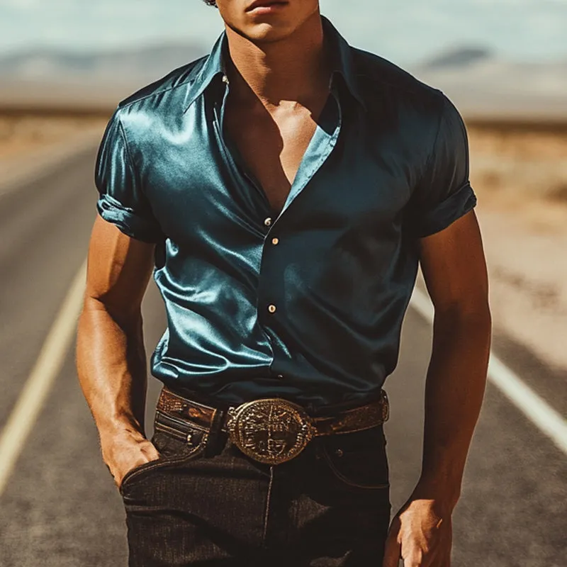 Men's Casual Solid Color Glossy Short Sleeve Shirt MTA1588E3X sold by Manly product image thumbnail 2