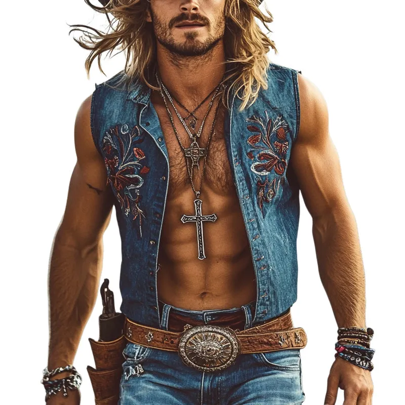 Men's Western Cowboy Embroidered Denim Vest MTA1387E8X sold by Manly