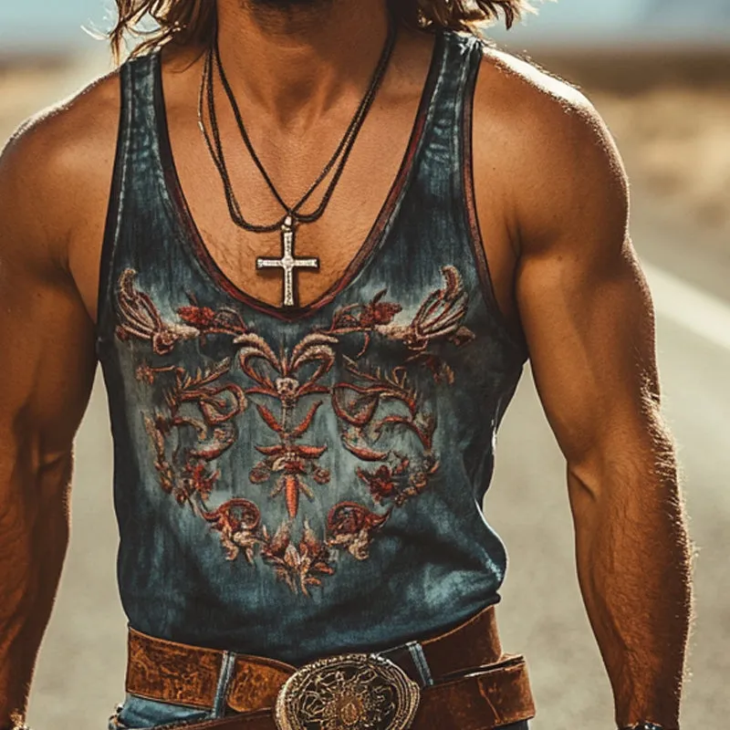 Men's Vintage Western Cowboy Embroidered Denim Tank Tops MTA1325E7X sold by Manly product image thumbnail 3