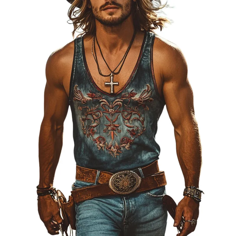Men's Vintage Western Cowboy Embroidered Denim Tank Tops MTA1325E7X sold by Manly