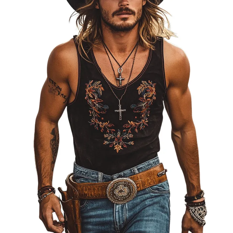 Men's Western Cowboy Style Embroidered Crew Neck Tank Top MTA1344E6X sold by Manly