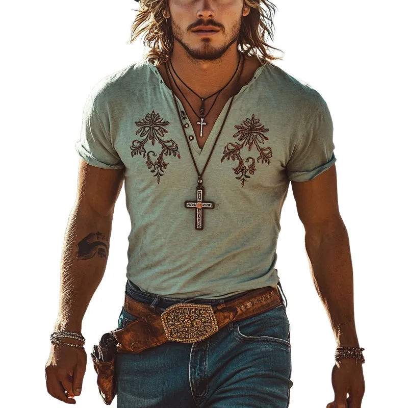 Men's Western Cowboy Embroidered Button Short Sleeve T-Shirt MTA1389E9X sold by Manly