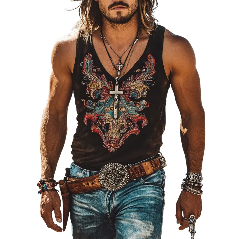 Men's Vintage Printed Crew Neck Tank Top MTA1370E5X sold by Manly