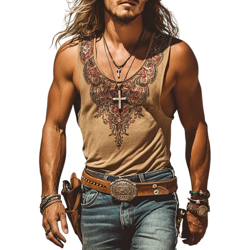 Men's Western Cowboy Vintage Printed Crew Neck Tank Top MTA1305E4X sold by Manly