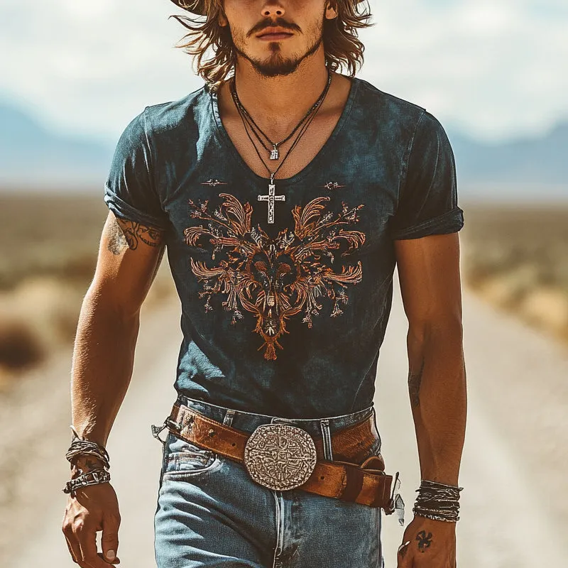 Men's Retro Western Cowboy Embroidered Short Sleeve T-Shirt MTA1321E7X sold by Manly product image thumbnail 2