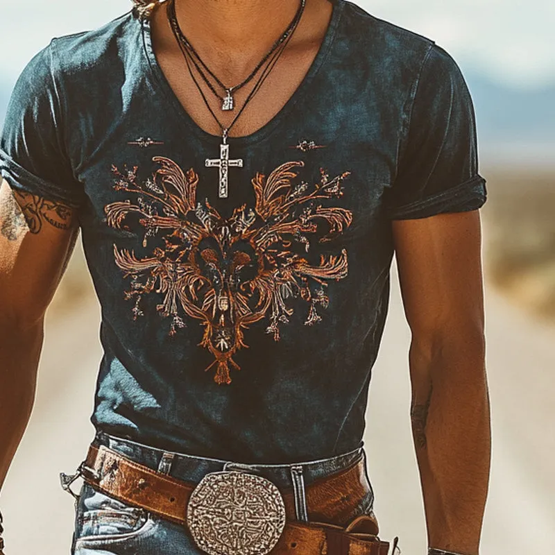 Men's Retro Western Cowboy Embroidered Short Sleeve T-Shirt MTA1321E7X sold by Manly product image thumbnail 3