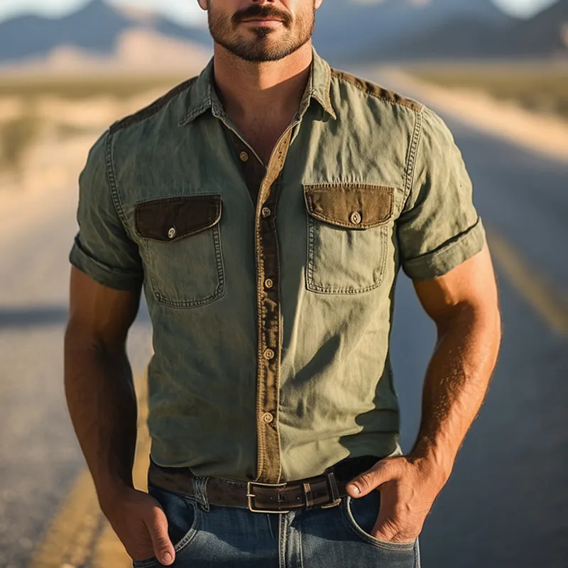 Men's Western Cowboy Style Colorblock Denim Short Sleeve Shirt MTA1389E2U sold by Manly product image thumbnail 2