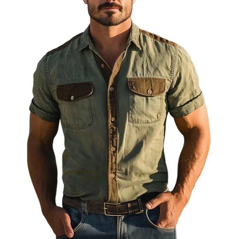 Men's Western Cowboy Style Colorblock Denim Short Sleeve Shirt MTA1389E2U sold by Manly