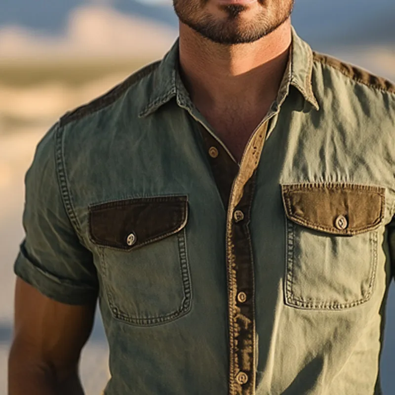 Men's Western Cowboy Style Colorblock Denim Short Sleeve Shirt MTA1389E2U sold by Manly product image thumbnail 4