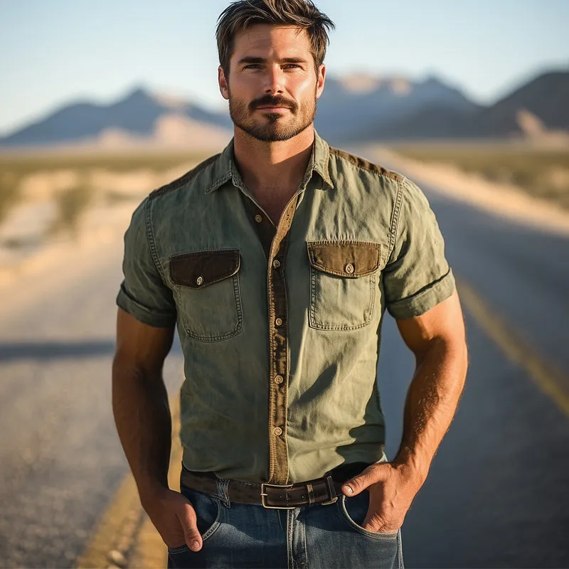 Men's Western Cowboy Style Colorblock Denim Short Sleeve Shirt MTA1389E2U sold by Manly product image thumbnail 3