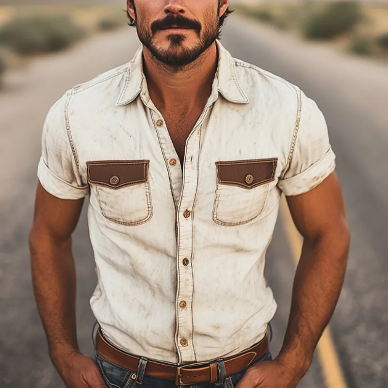 Men's Western Cowboy Style Retro Color Block Short Sleeve Shirt MTA1342E0U sold by Manly product image thumbnail 2