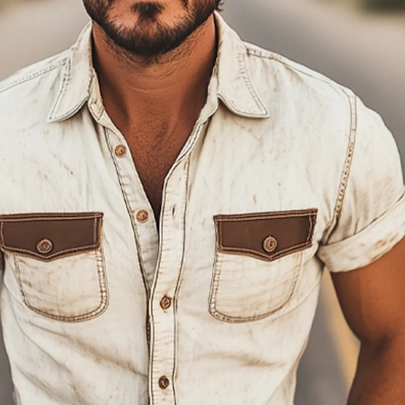 Men's Western Cowboy Style Retro Color Block Short Sleeve Shirt MTA1342E0U sold by Manly product image thumbnail 4