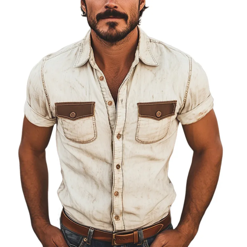 Men's Western Cowboy Style Retro Color Block Short Sleeve Shirt MTA1342E0U sold by Manly