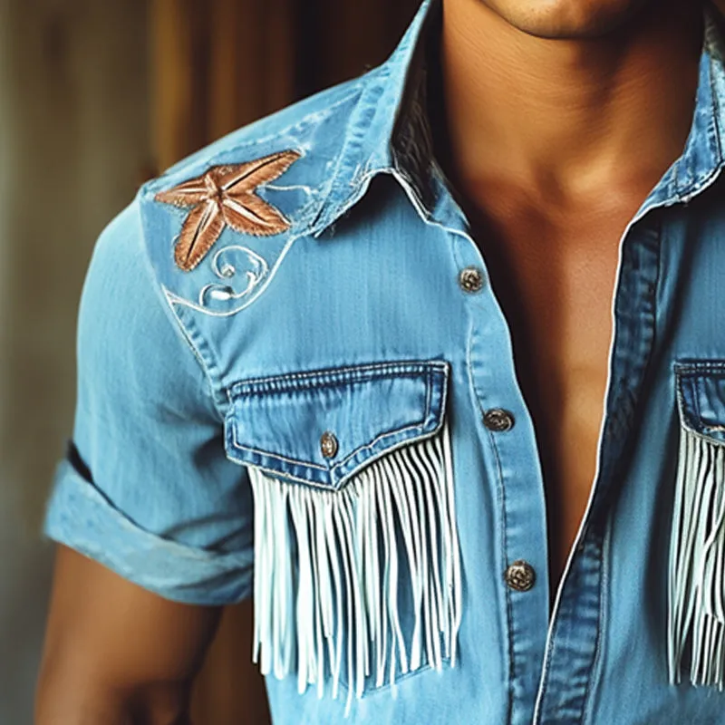 Men's Western Cowboy Style Embroidered Tassel Denim Short Sleeve Shirt MTA1414E5U sold by Manly product image thumbnail 3