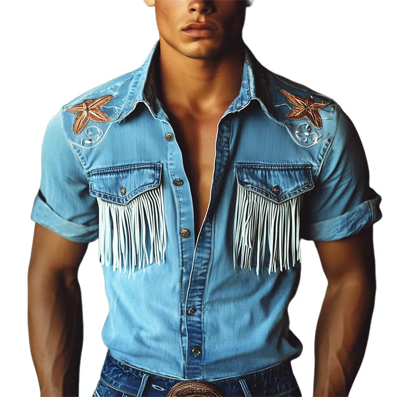 Men's Western Cowboy Style Embroidered Tassel Denim Short Sleeve Shirt MTA1414E5U sold by Manly