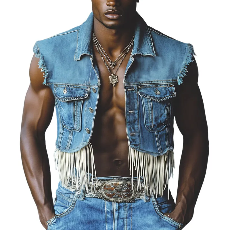 Men's Western Cowboy Style Tassel Denim Vest MTA1428E9U sold by Manly