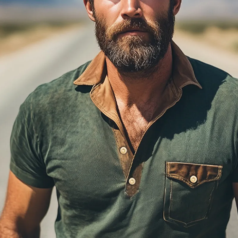 Men's Summer Retro Small V-neck Colorblock Short-sleeved T-shirt MTA1582E2U sold by Manly product image thumbnail 4