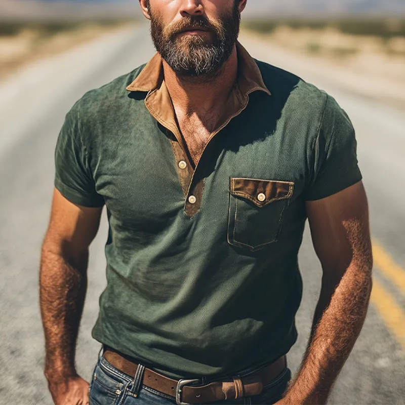 Men's Summer Retro Small V-neck Colorblock Short-sleeved T-shirt MTA1582E2U sold by Manly product image thumbnail 2