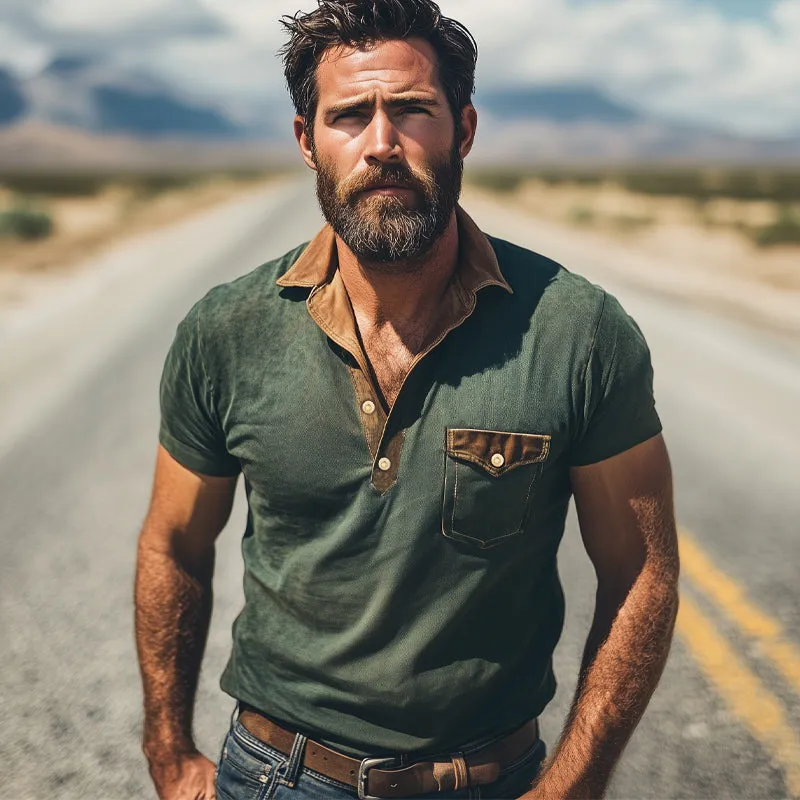 Men's Summer Retro Small V-neck Colorblock Short-sleeved T-shirt MTA1582E2U sold by Manly product image thumbnail 3