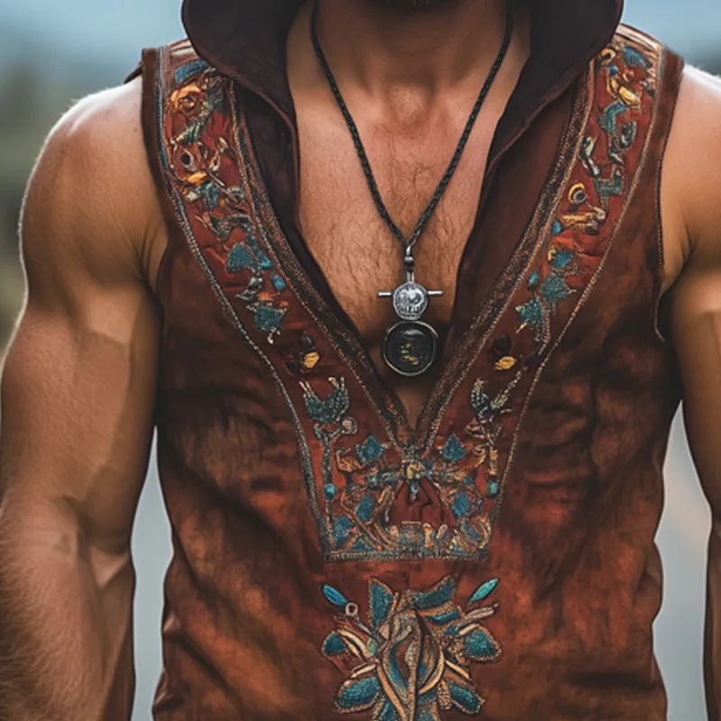 Men's Summer Western Cowboy Style V-Neck Embroidered Hooded Tank Top MTA1592E7U sold by Manly product image thumbnail 3
