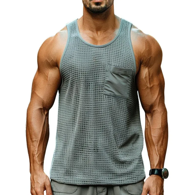 Men's Casual Waffle Patch Pocket U-Neck Tank Top 55986948M sold by Manly