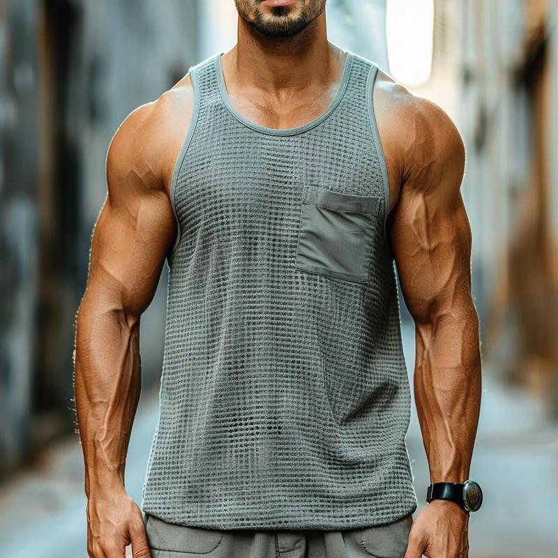 Men's Casual Waffle Patch Pocket U-Neck Tank Top 55986948M sold by Manly product image thumbnail 2