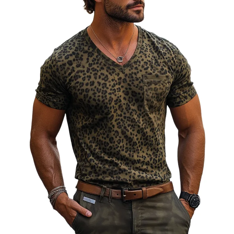 Men's Fashion Leopard V Neck Chest Pocket Short Sleeve T-shirt MTA1902E1Z sold by Manly