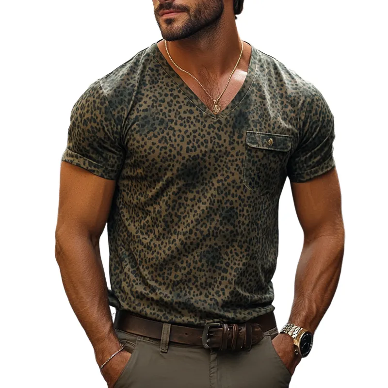 Men's Fashion Leopard V Neck Chest Pocket Short Sleeve T-shirt MTA1953E6Z sold by Manly